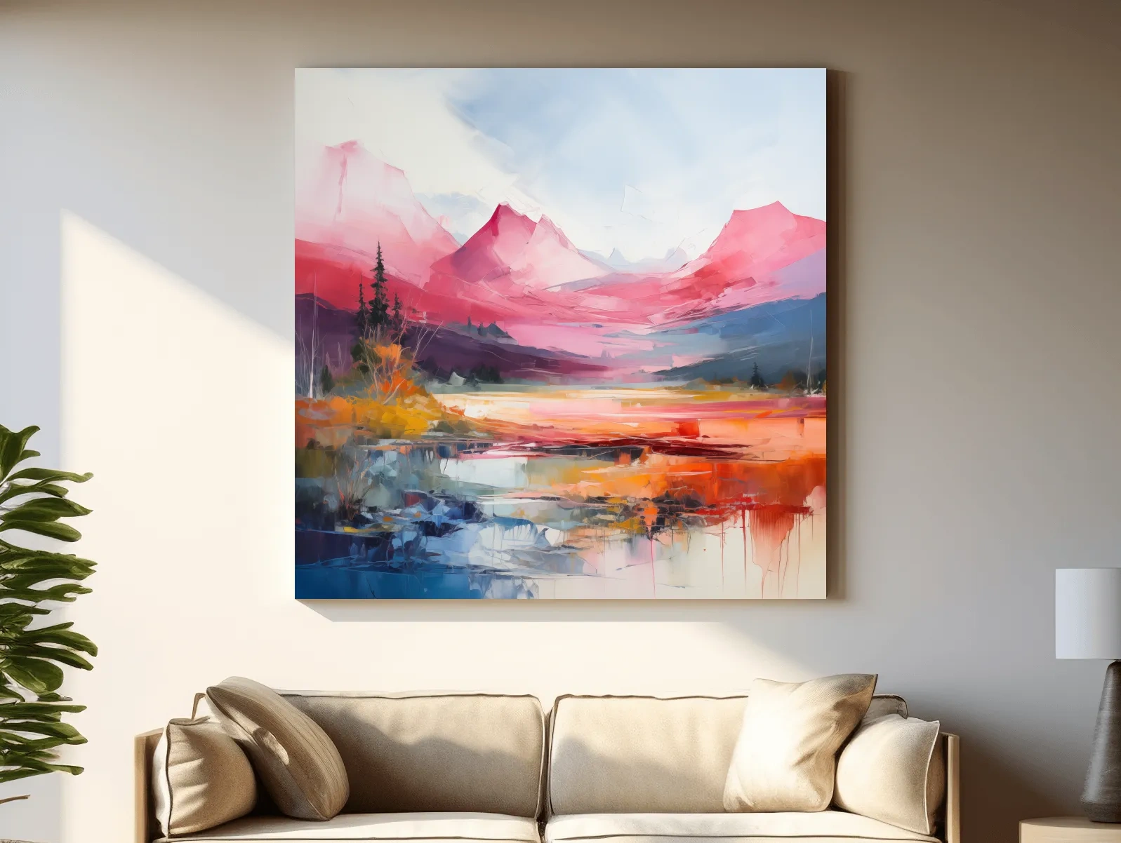 Vibrant Abstract Impressionist Alpine Lake Sunset Painting - Colorful Mountain Wall Art