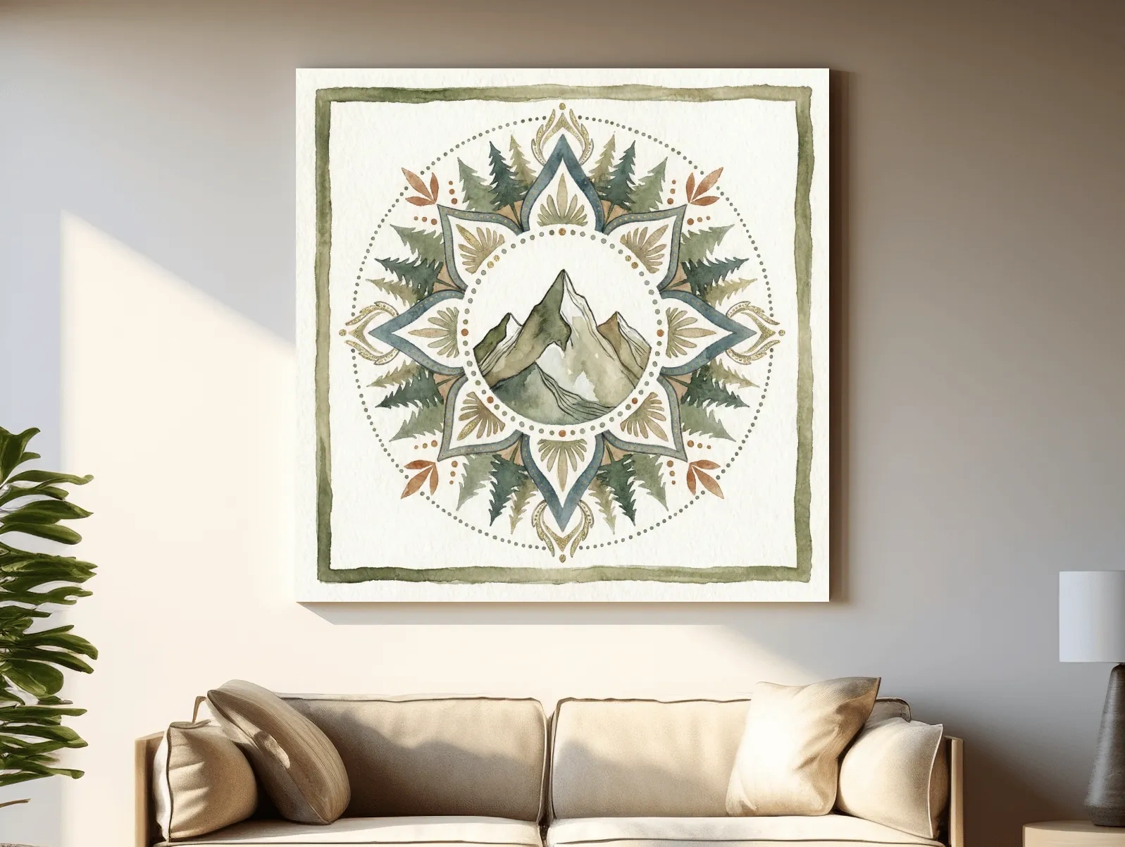 Mountain Mandala Watercolor - Boho Botanical Nature Wall Art