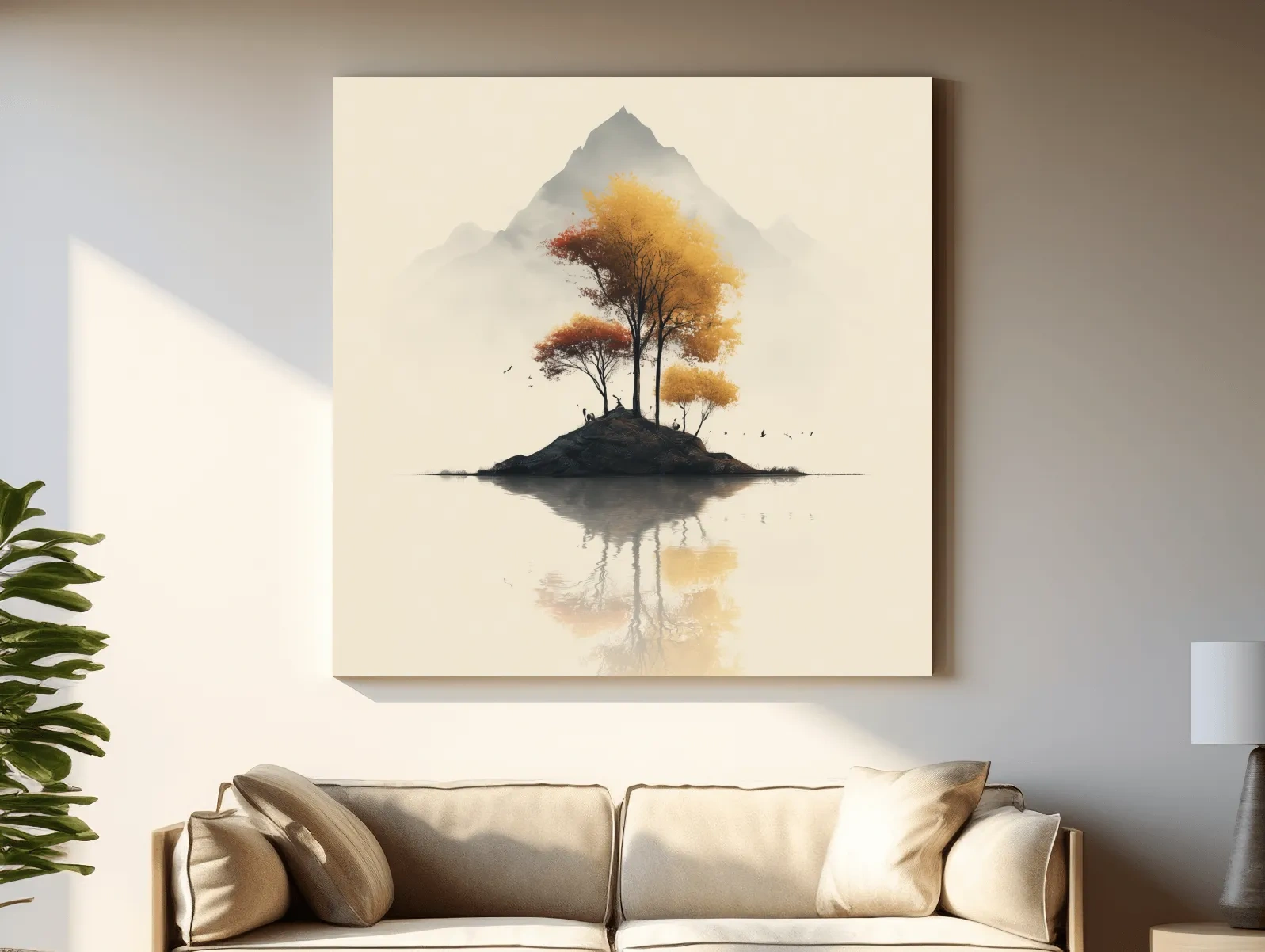 Minimalist Autumn Trees On Misty Lake Island - Serene Mountain Landscape Wall Art
