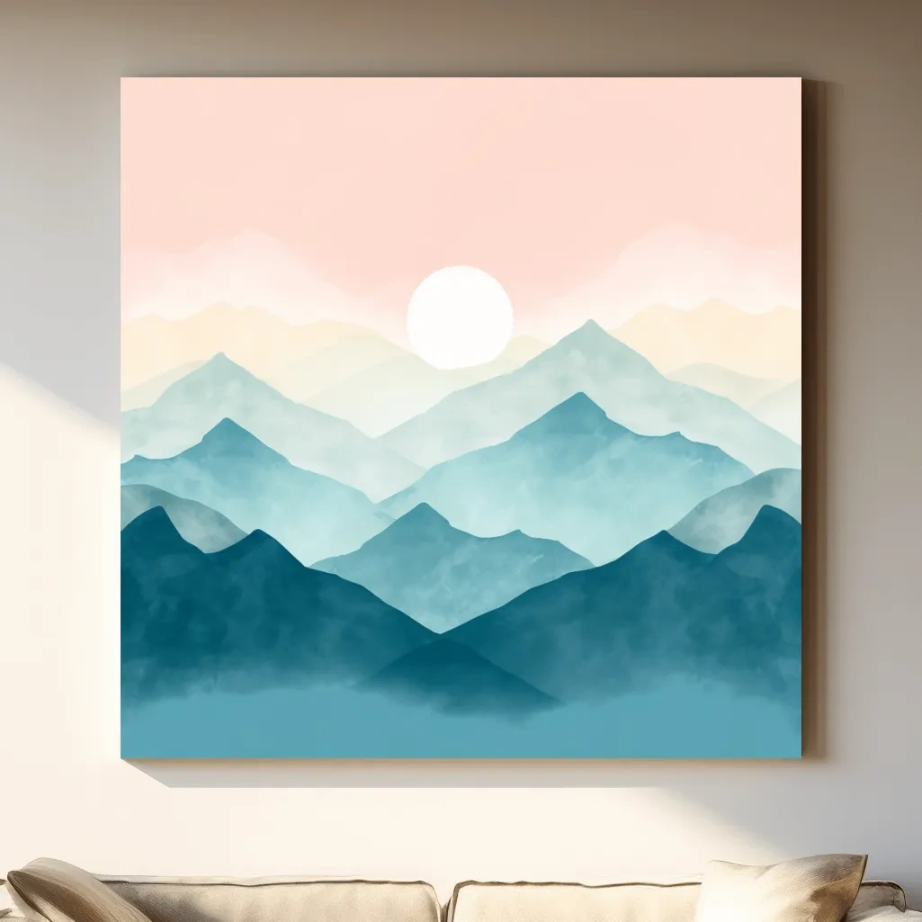 Minimalist Watercolor Misty Mountain Sunrise - Pastel Alpine Landscape Wall Art