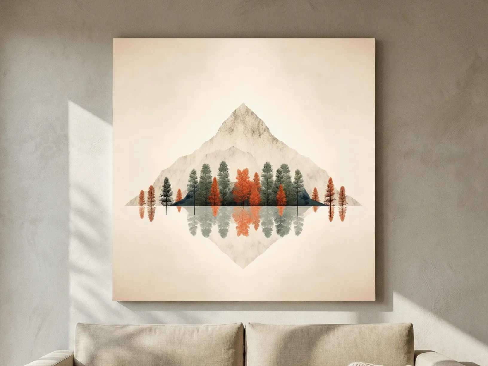 Minimalist Minimal Mountain Lake Reflection Painting - Autumn Pine Forest Artwork