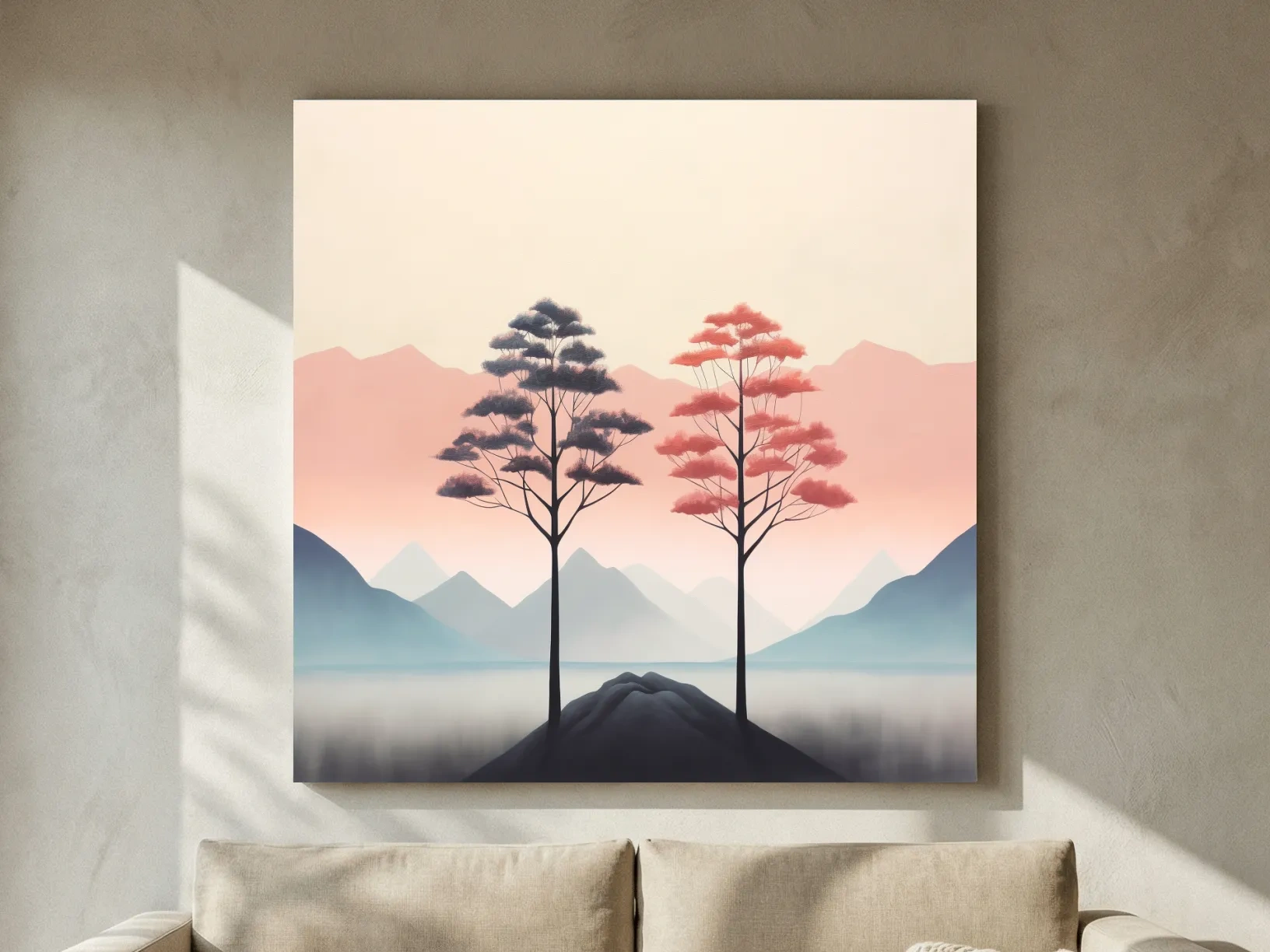 Minimalist Twin Pine Trees Landscape - Serene Pastel Mountain Lake Wall Art
