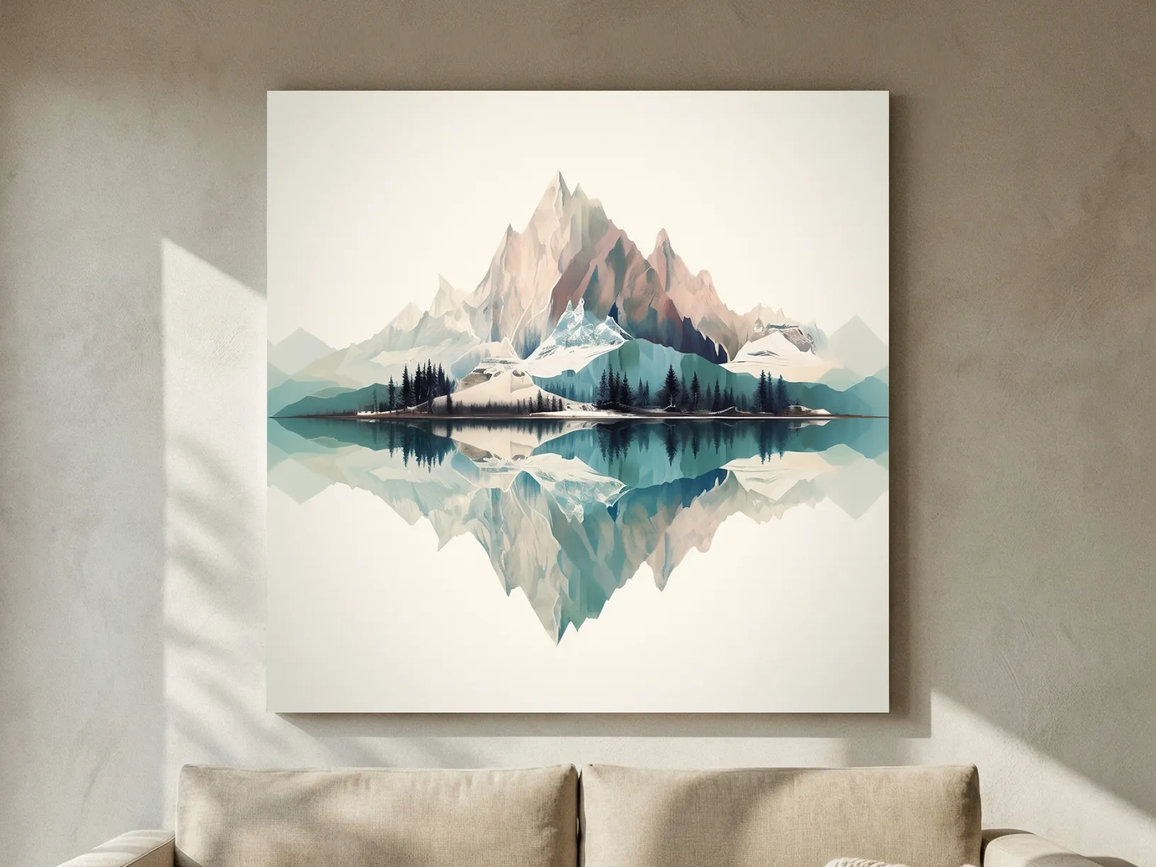 Minimalist Alpine Mountain Lake Reflection - Serene Pastel Watercolour Wall Art