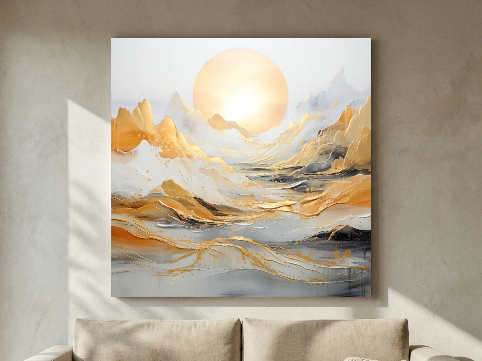 Abstract Golden Sunrise Mountain Landscape - Modern Golf Leaf Style Wall Art