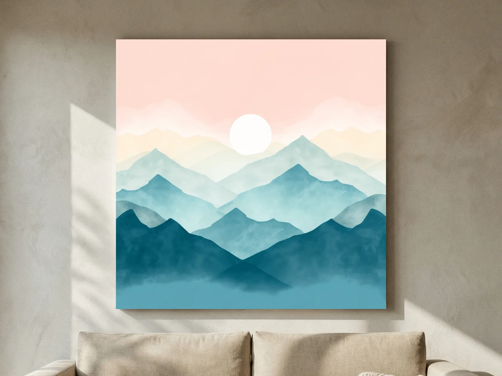 Minimalist Watercolor Misty Mountain Sunrise - Pastel Alpine Landscape Wall Art