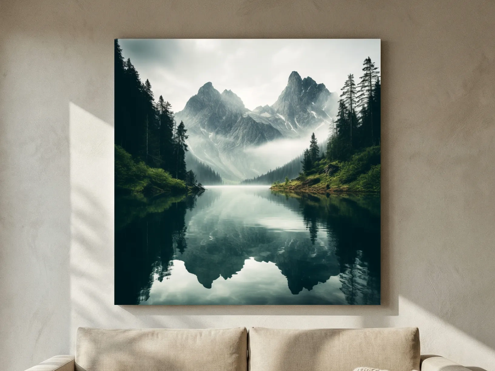 Misty Alpine Mountain Lake Reflection - Moody Pine Forest Photographic Wall Art