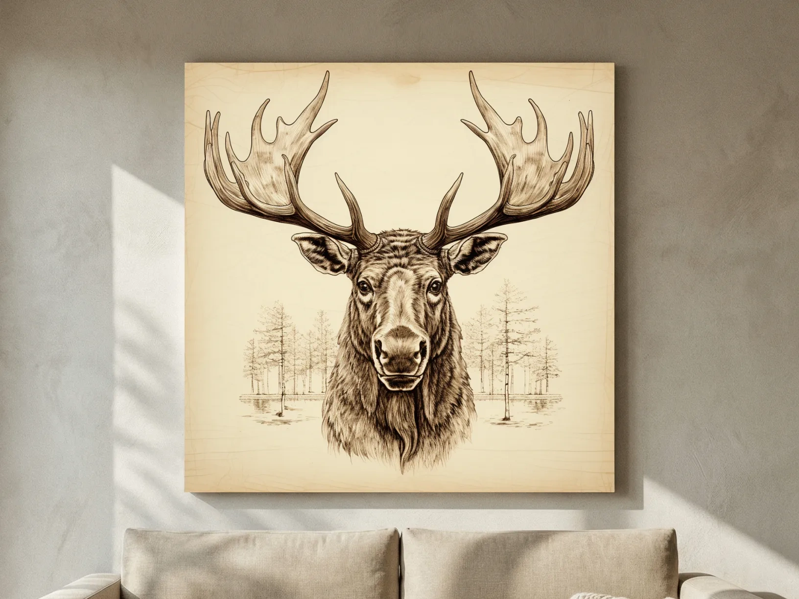 Rustic Sepia Moose Head Sketch - Vintage Woodland Wildlife Wall Art
