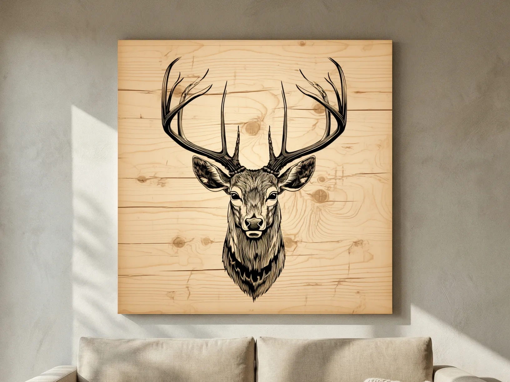 Rustic Engraved Wood Deer Head Illustration - Lodge Wildlife Wall Art