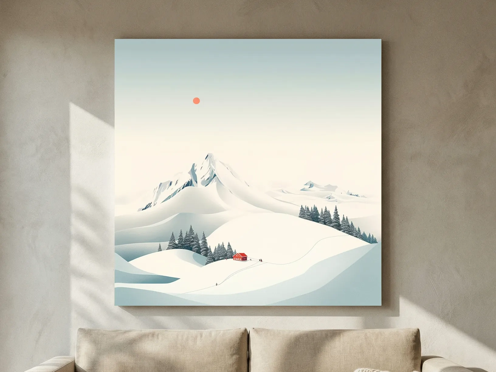 Minimalist Snowy Mountain Cabin Landscape - Winter Wall Art