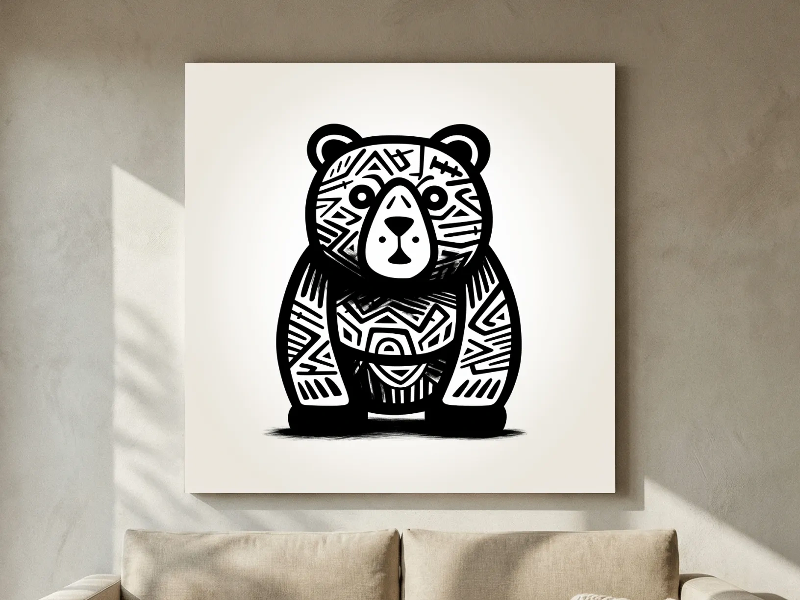 Tribal Pattern Bear Illustration - Quirky Black And White Animal Wall Art