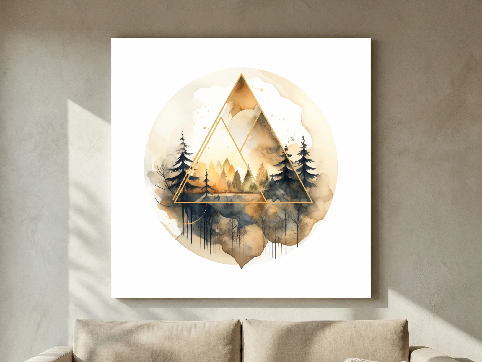 Geometric Watercolor Mountain Forest Landscape - Modern Rustic Nature Wall Art