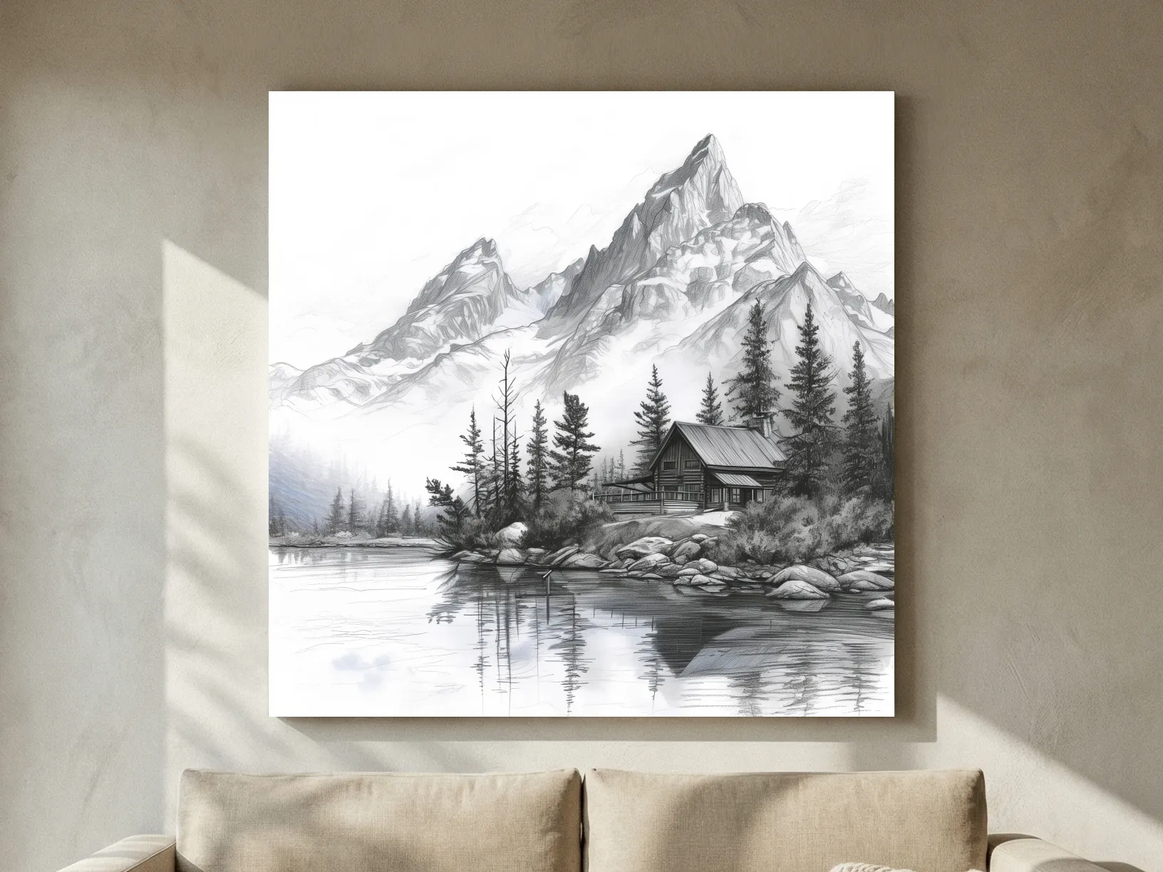 Monochrome Mountain Lake Cabin Sketch - Rustic Alpine Glacier Wall Art