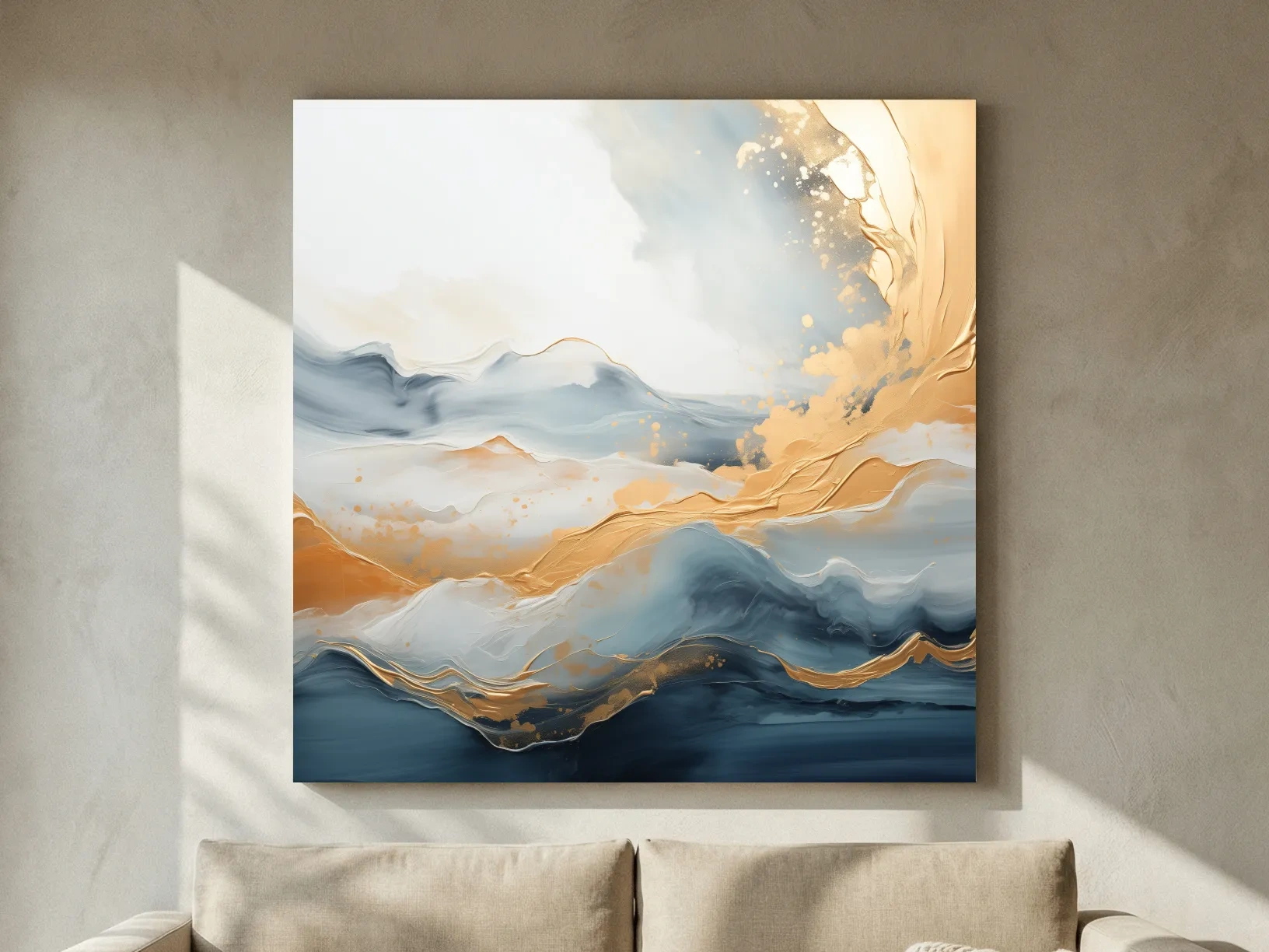 Fluid Abstract Blue And Gold Mountain Landscape - Modern Mixed Media Wall Art