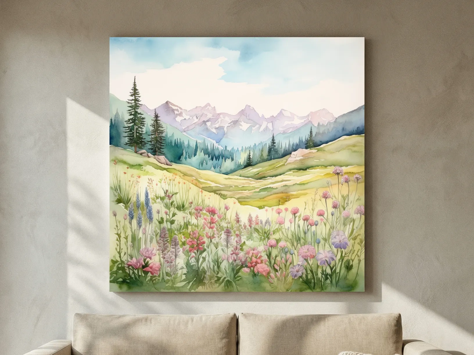 Alpine Meadows Wildflower Watercolour - Pastel Mountains Landscape Wall Art