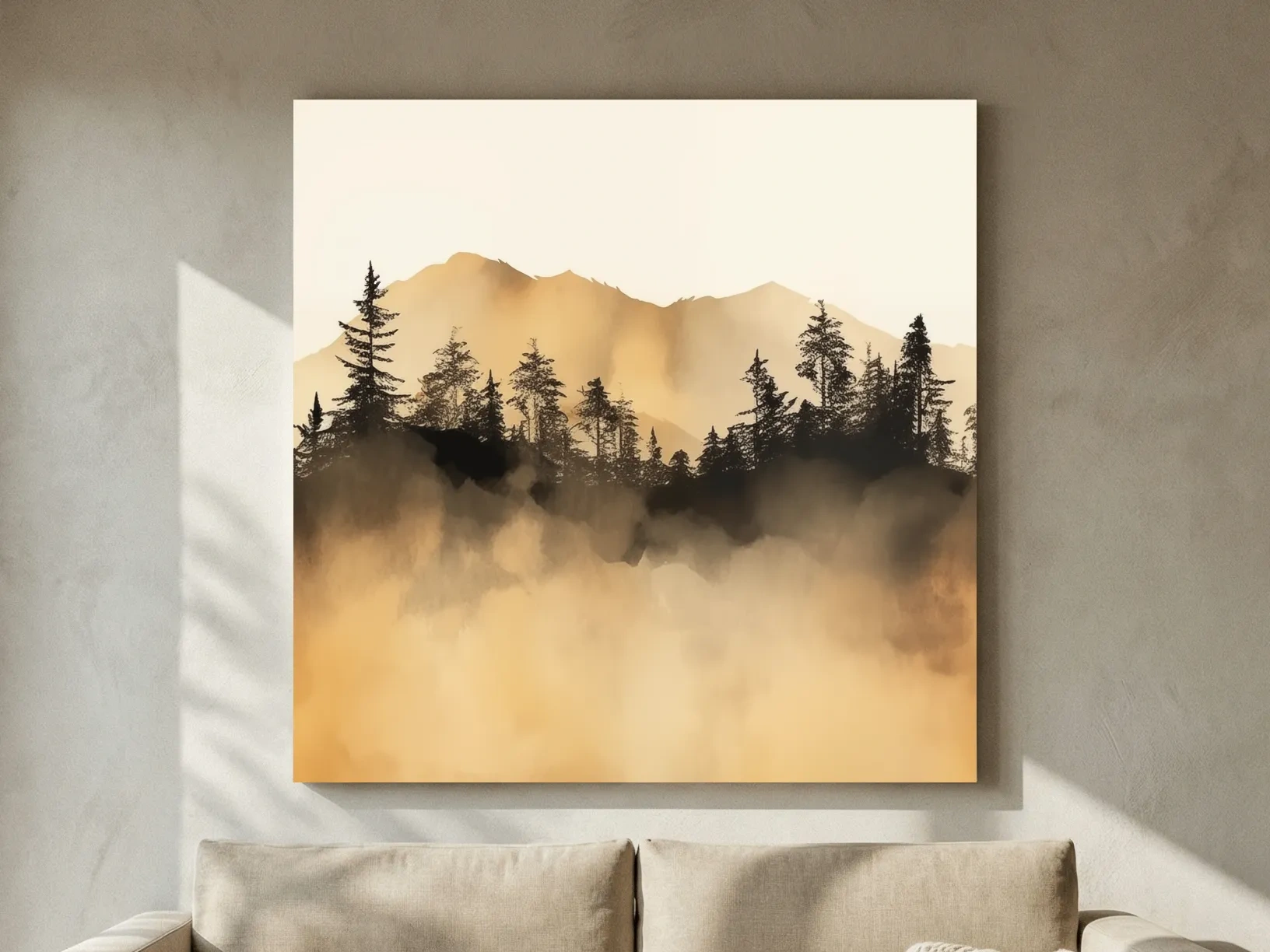 Misty Golden Mountain Pine Forest - Sepia Watercolor Landscape Wall Art