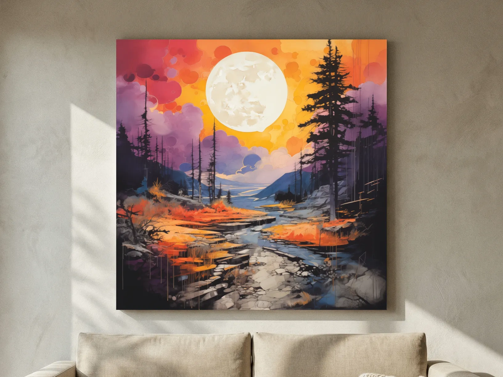 Vibrant River Valley Landscape Illustration - Abstract Sunset Forest Wall Art