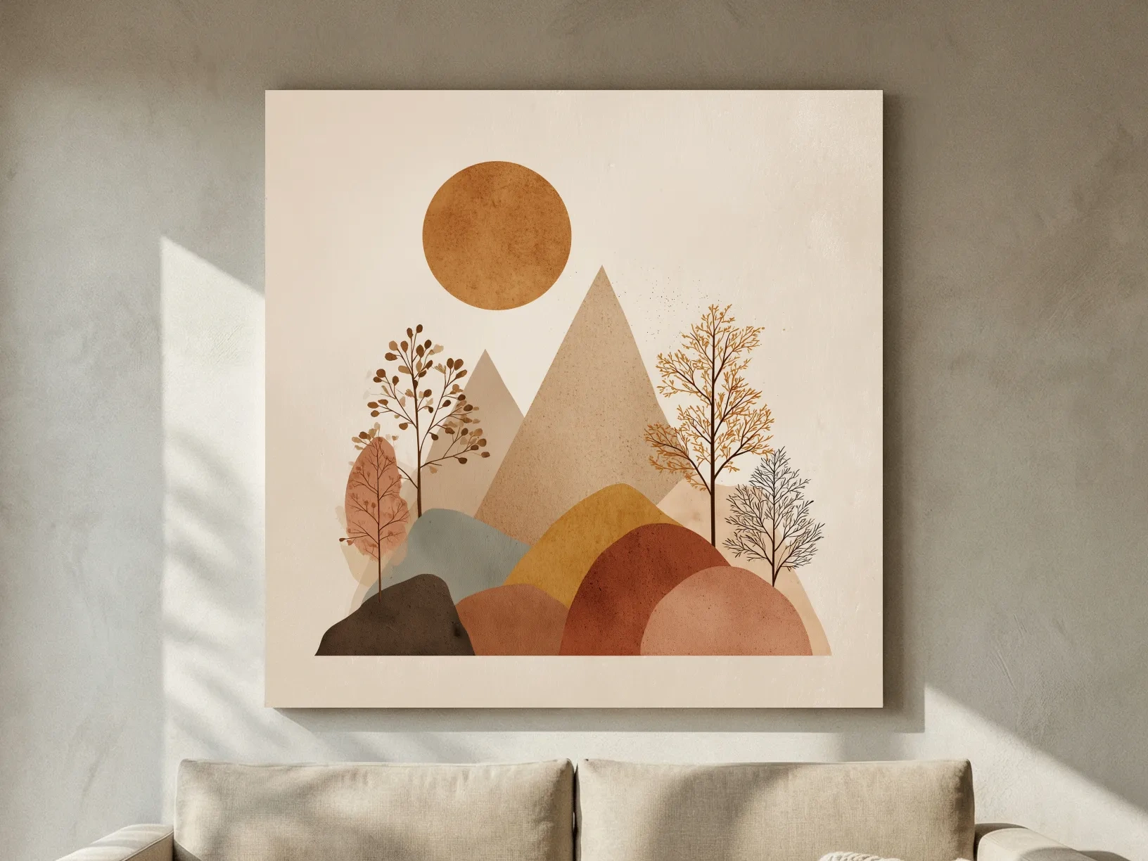 Minimalist Scandi Mountain Sunset Landscape - Boho Neutral Earth Tone Wall Art