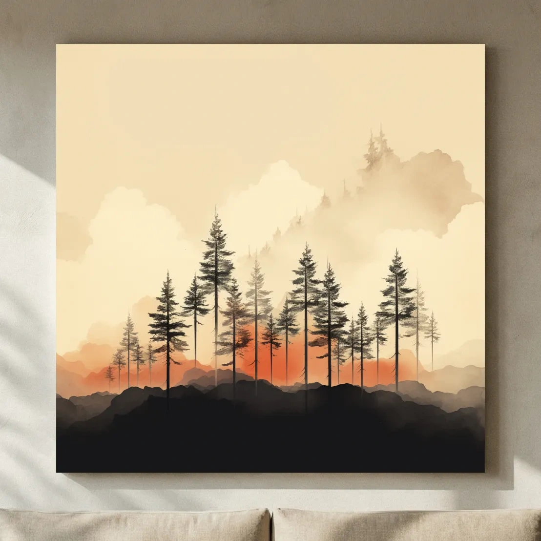 Misty Pine Forest Silhouettes At Sunrise - Minimalist Watercolor Mountain Wall Art