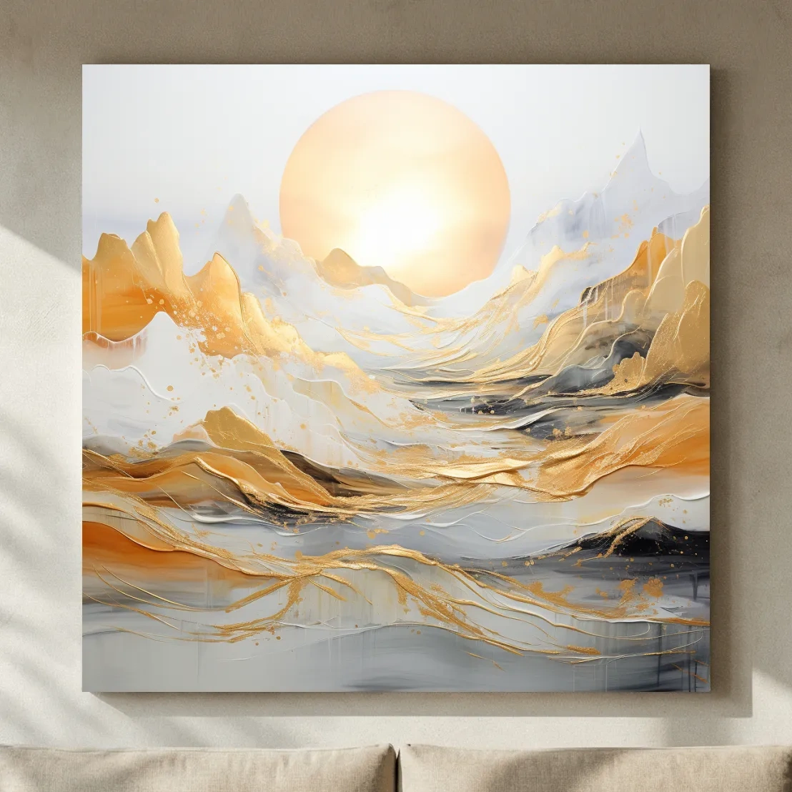 Abstract Golden Sunrise Mountain Landscape - Modern Golf Leaf Style Wall Art
