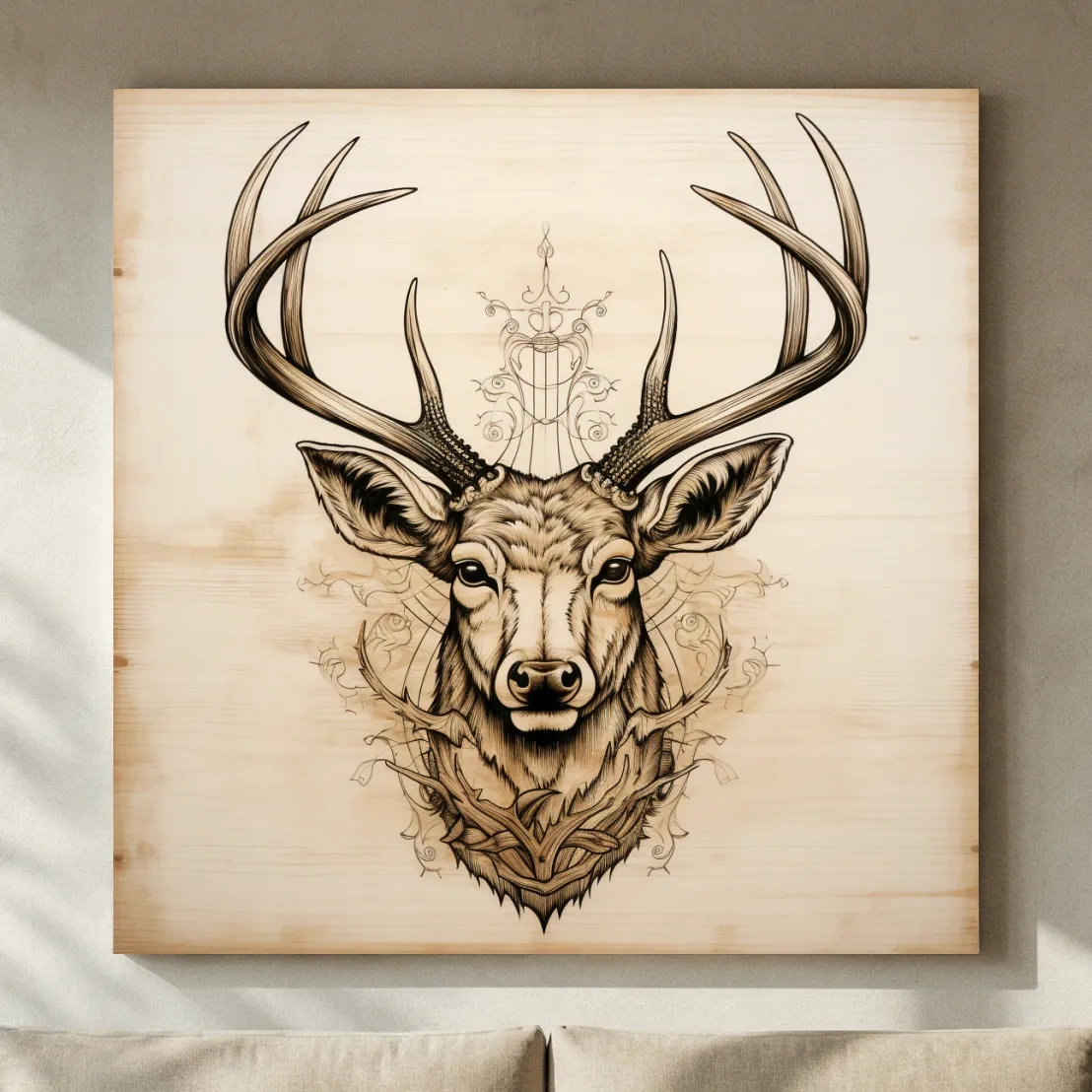 Ornate Deer Head on Wood Sketch Illustration - Rustic Wildlife Wall Art