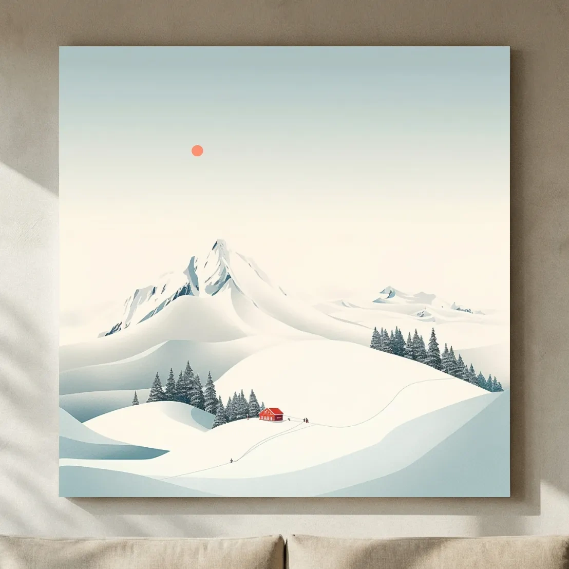 Minimalist Snowy Mountain Cabin Landscape - Winter Wall Art