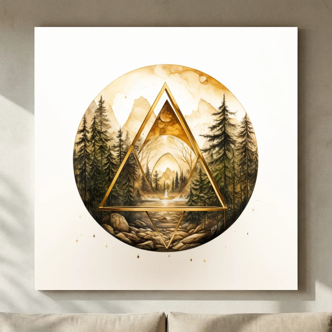 Rustic Mountain Forest Watercolor - Gold Sepia Landscape Wall Art
