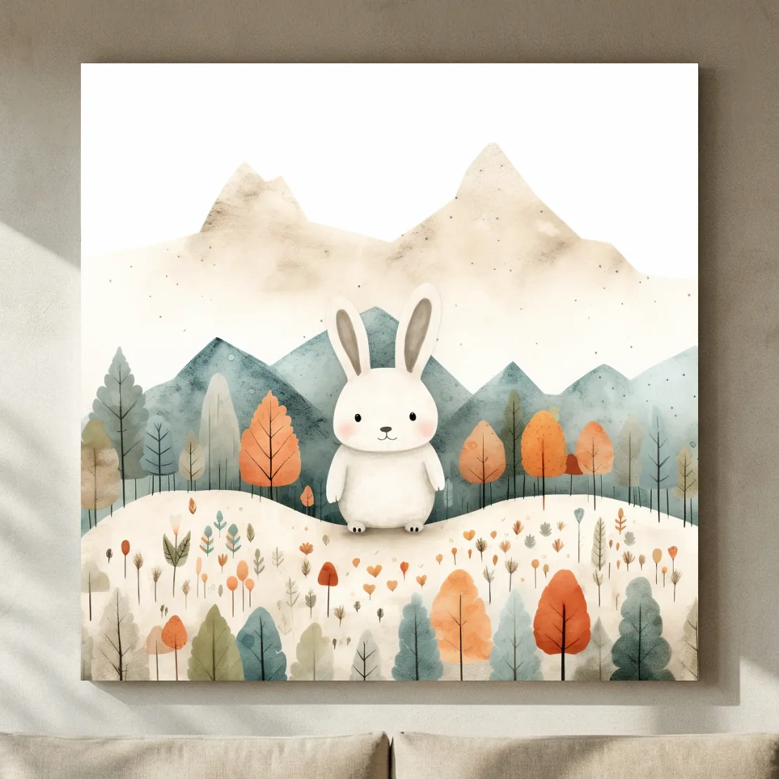 Cute Watercolor Bunny In Mountain Forest - Whimsical Nursery Woodland Wall Art