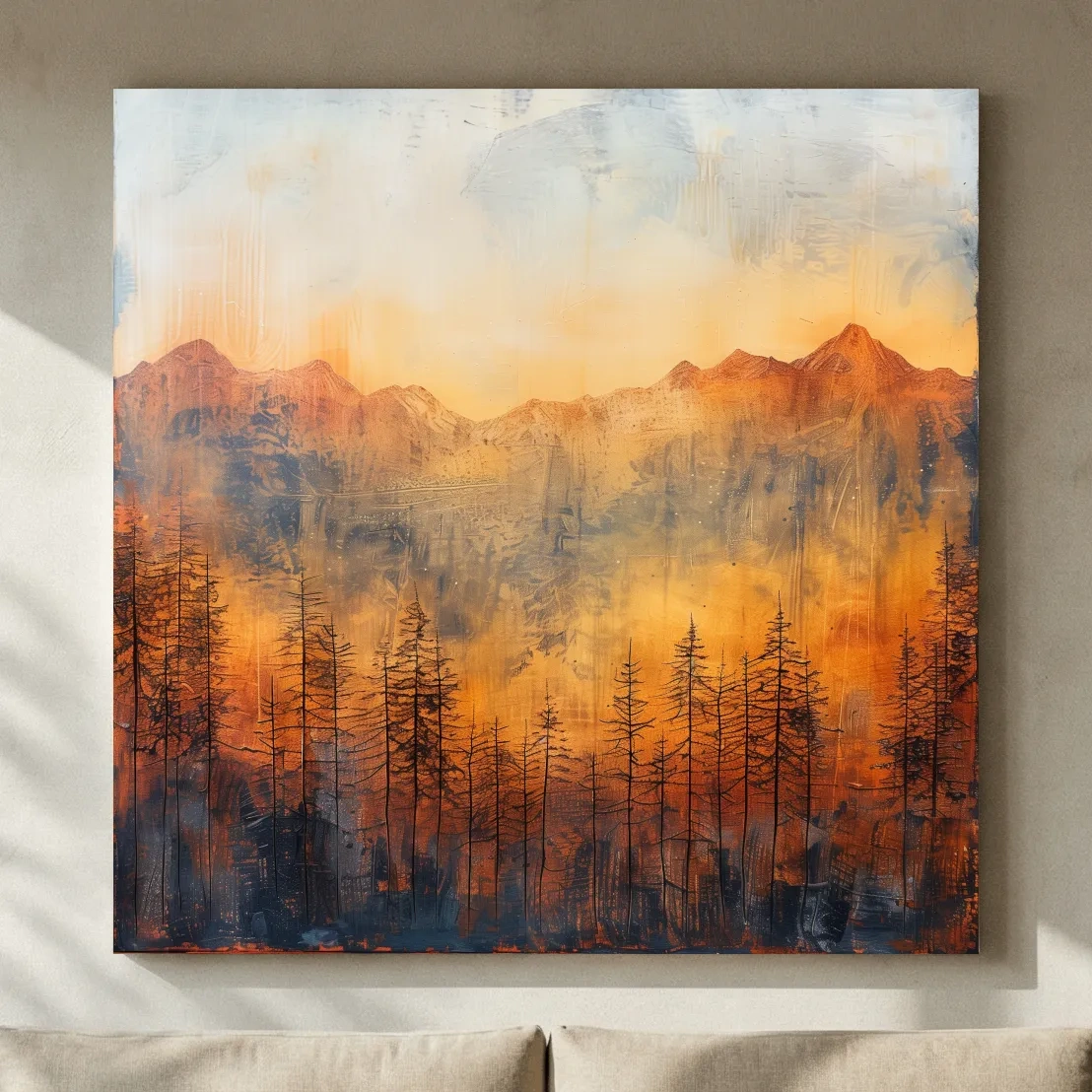 Moody Abstract Mountain Sunrise With Silhouetted Pine Forest - Textured Landscape Painting