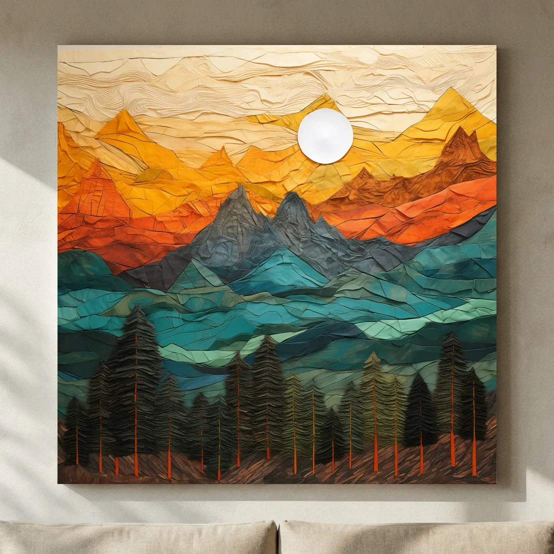Layered Paper Cut Style Mountain Sunset - Colorful Abstract Forest Landscape Wall Art
