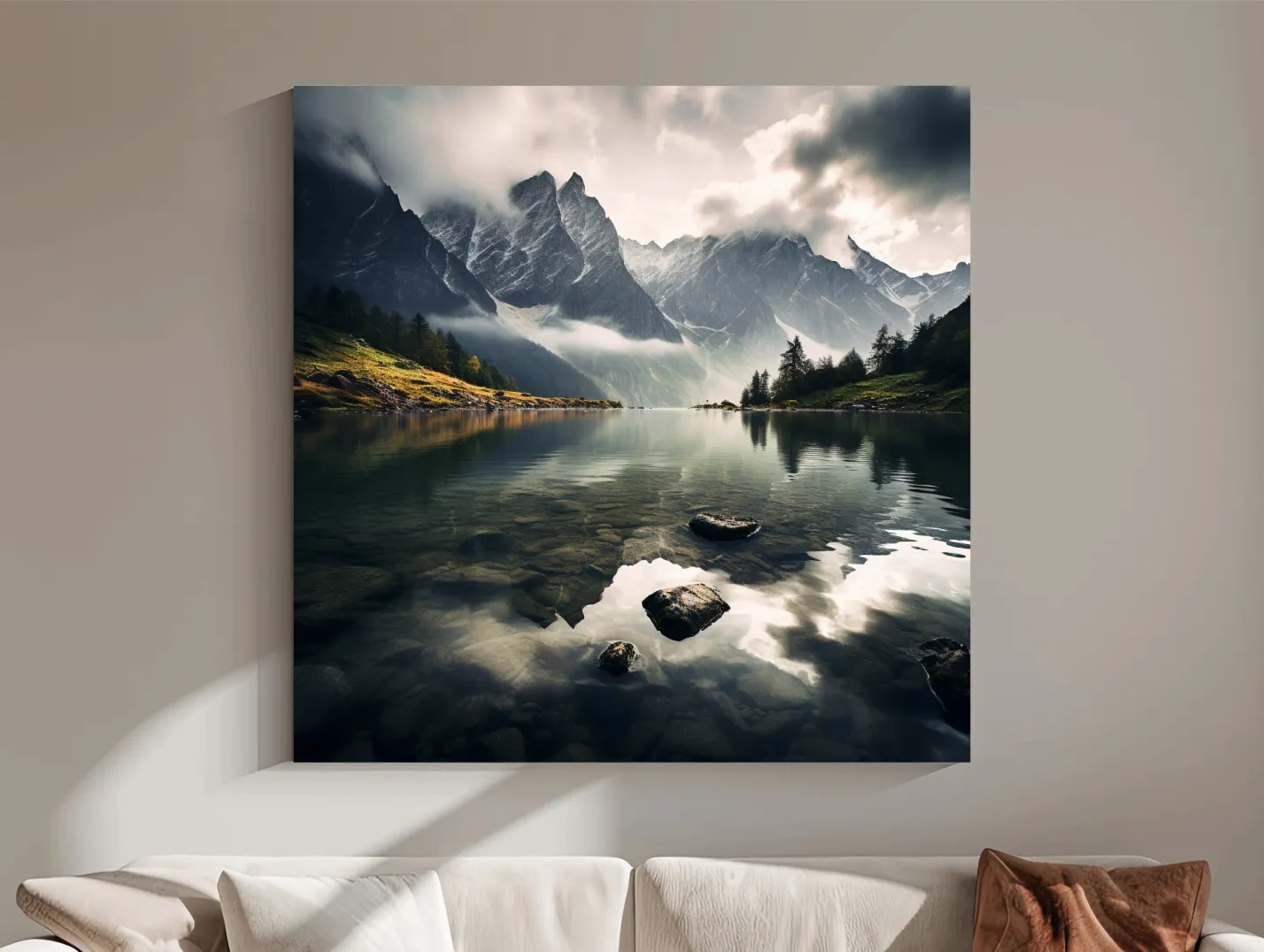 Moody Alpine Lake Reflection Photographic Print - Dramatic Landscape Wall Art