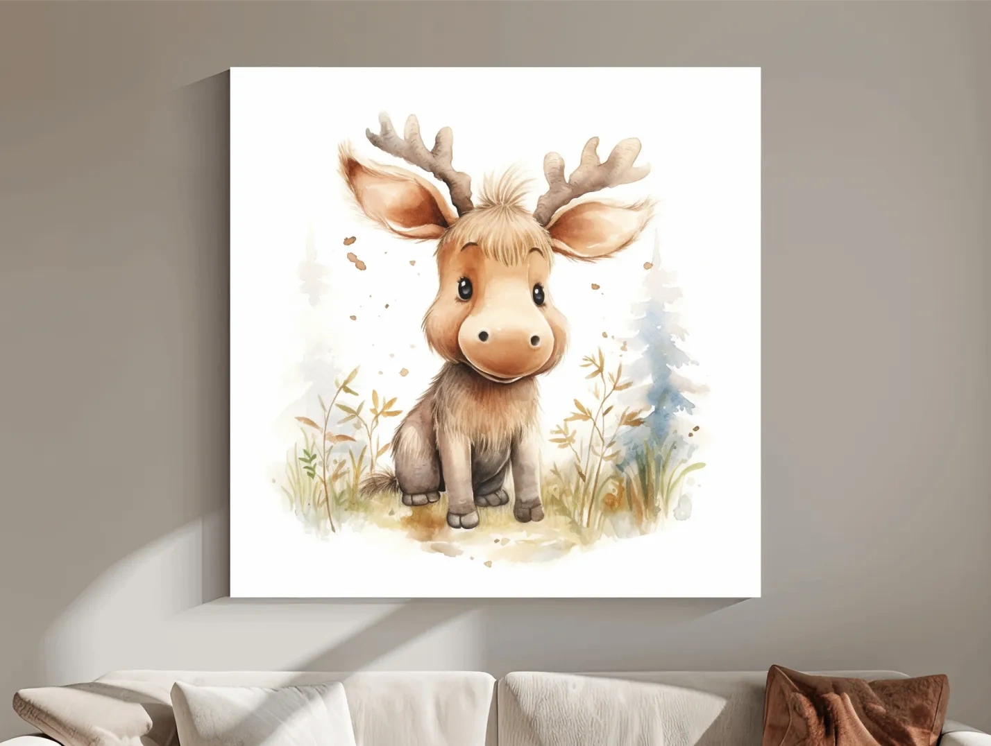 Cute Baby Moose Watercolor Illustration - Woodland Nursery Animal Wall Art