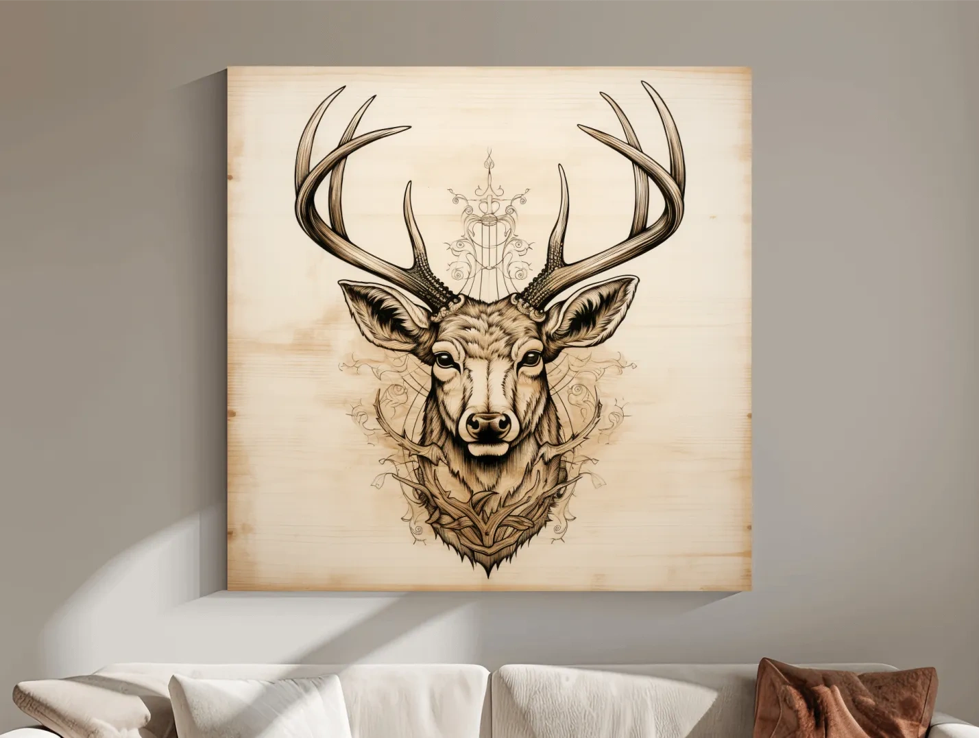Ornate Deer Head on Wood Sketch Illustration - Rustic Wildlife Wall Art