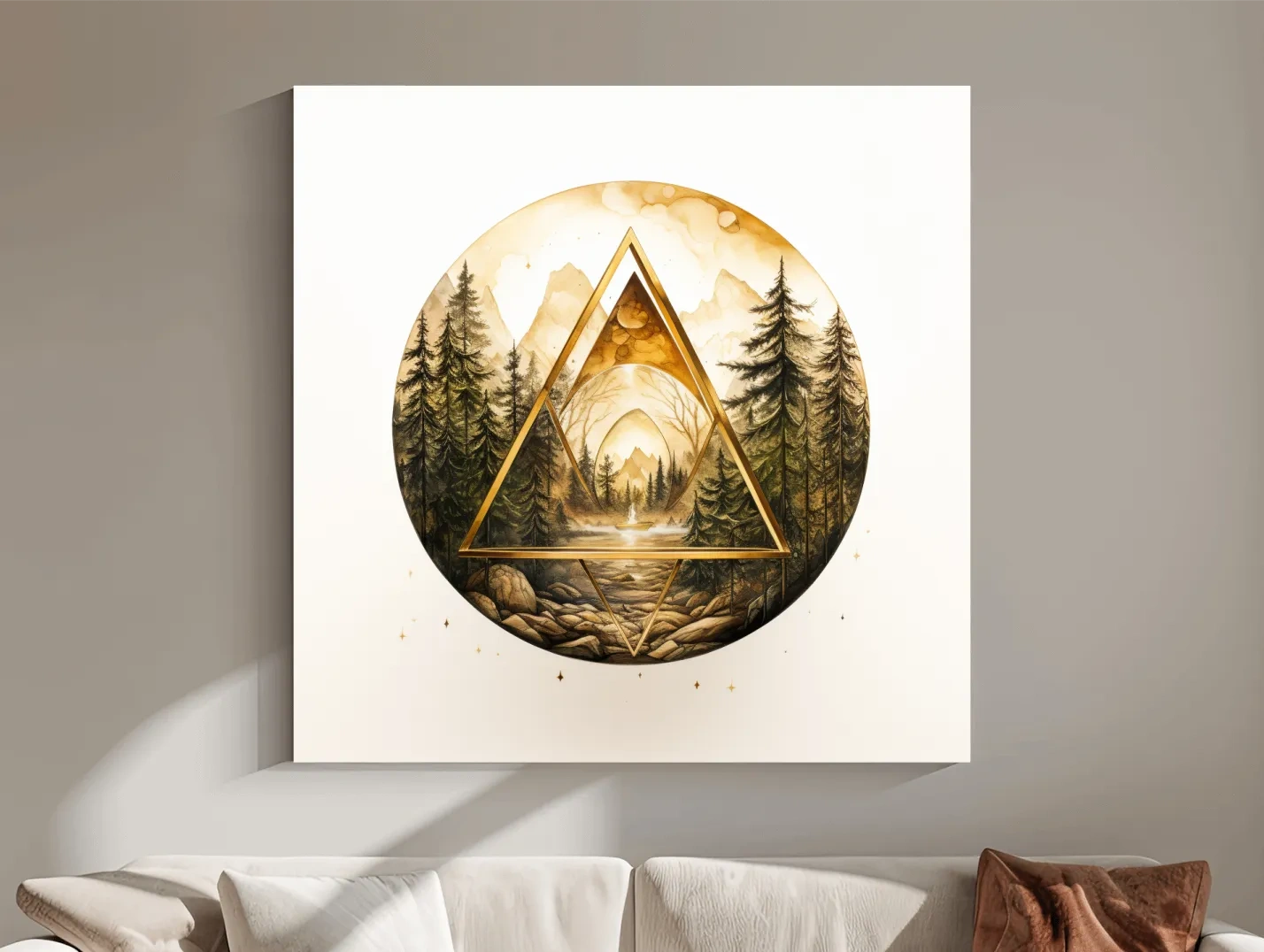 Rustic Mountain Forest Watercolor - Gold Sepia Landscape Wall Art