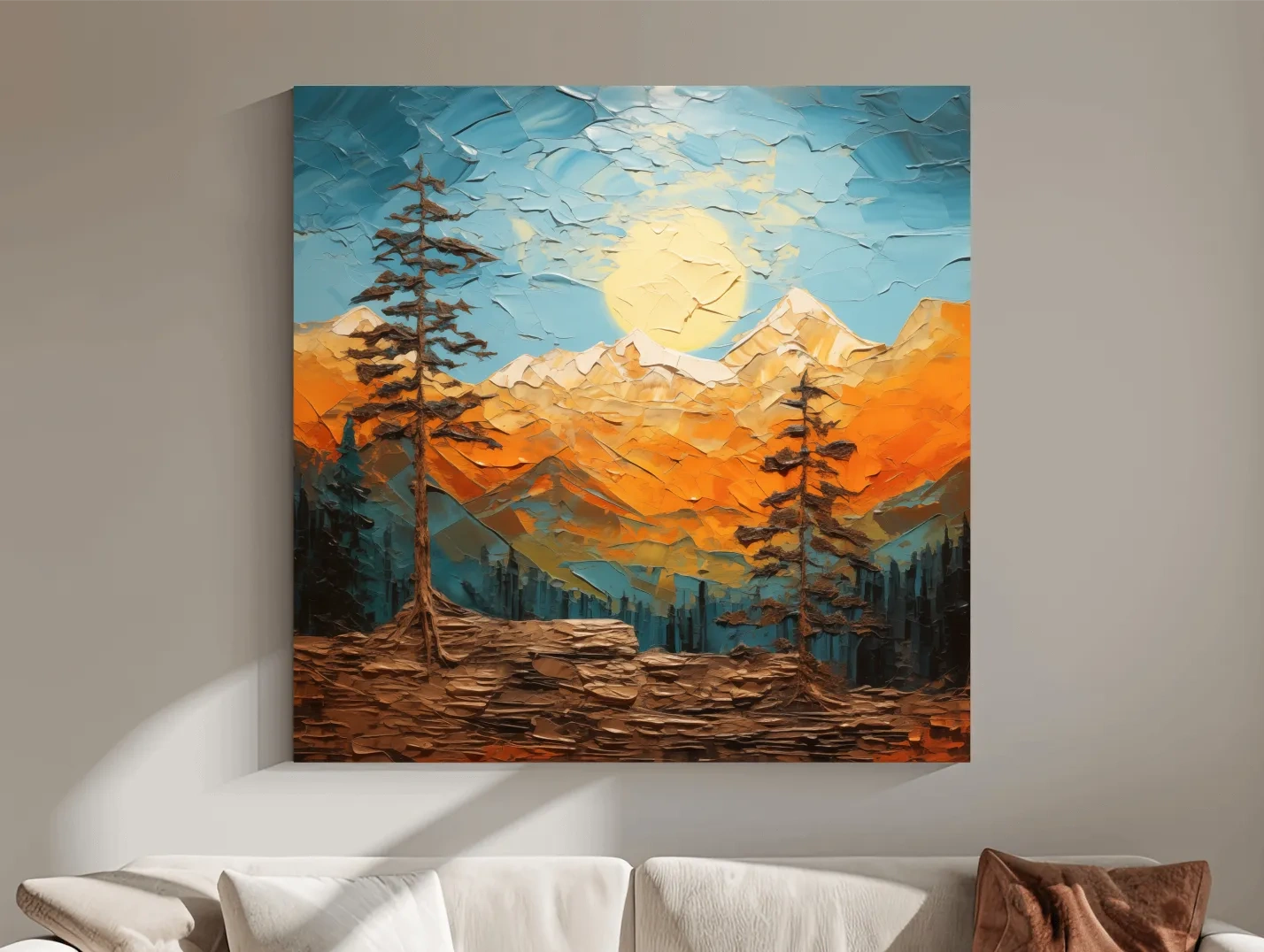 Impasto Style Mountain Sunrise Landscape - Bold Alpine Wall Art