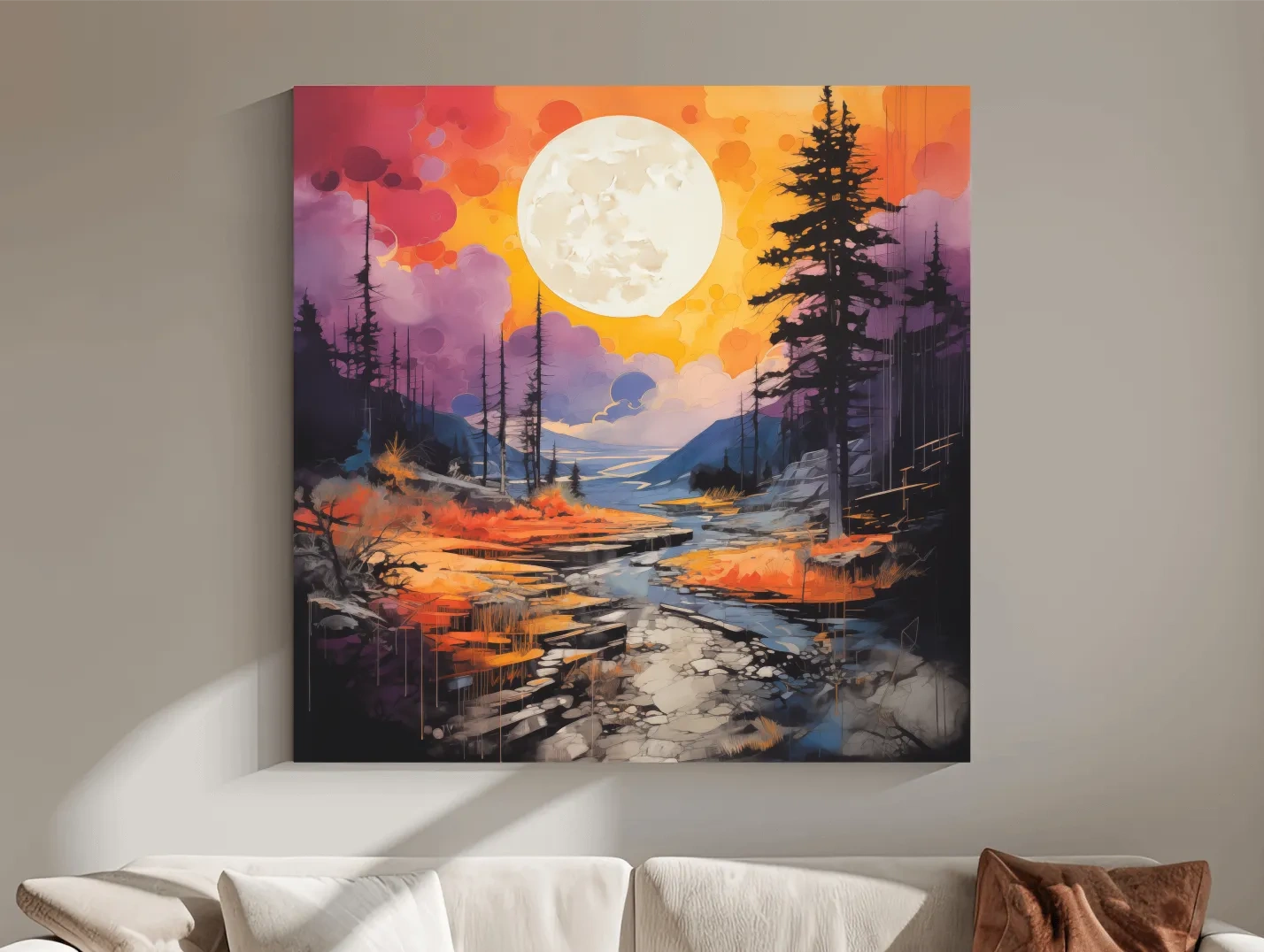 Vibrant River Valley Landscape Illustration - Abstract Sunset Forest Wall Art