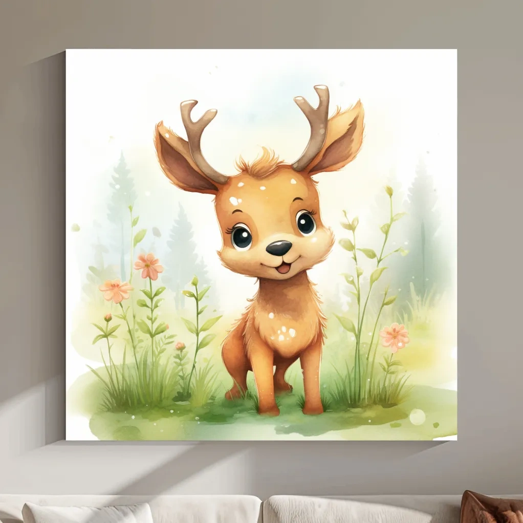Cute Watercolor Baby Deer Illustration - Woodland Nursery Animal Wall Art