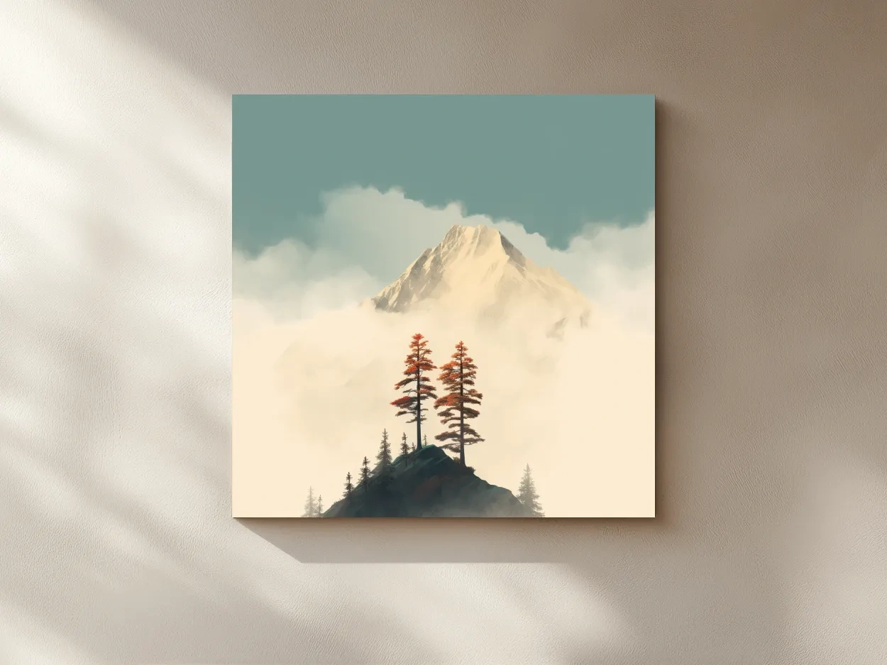 Misty Alpine Peak With Autumn Pines - Minimalist Mountain Artwork