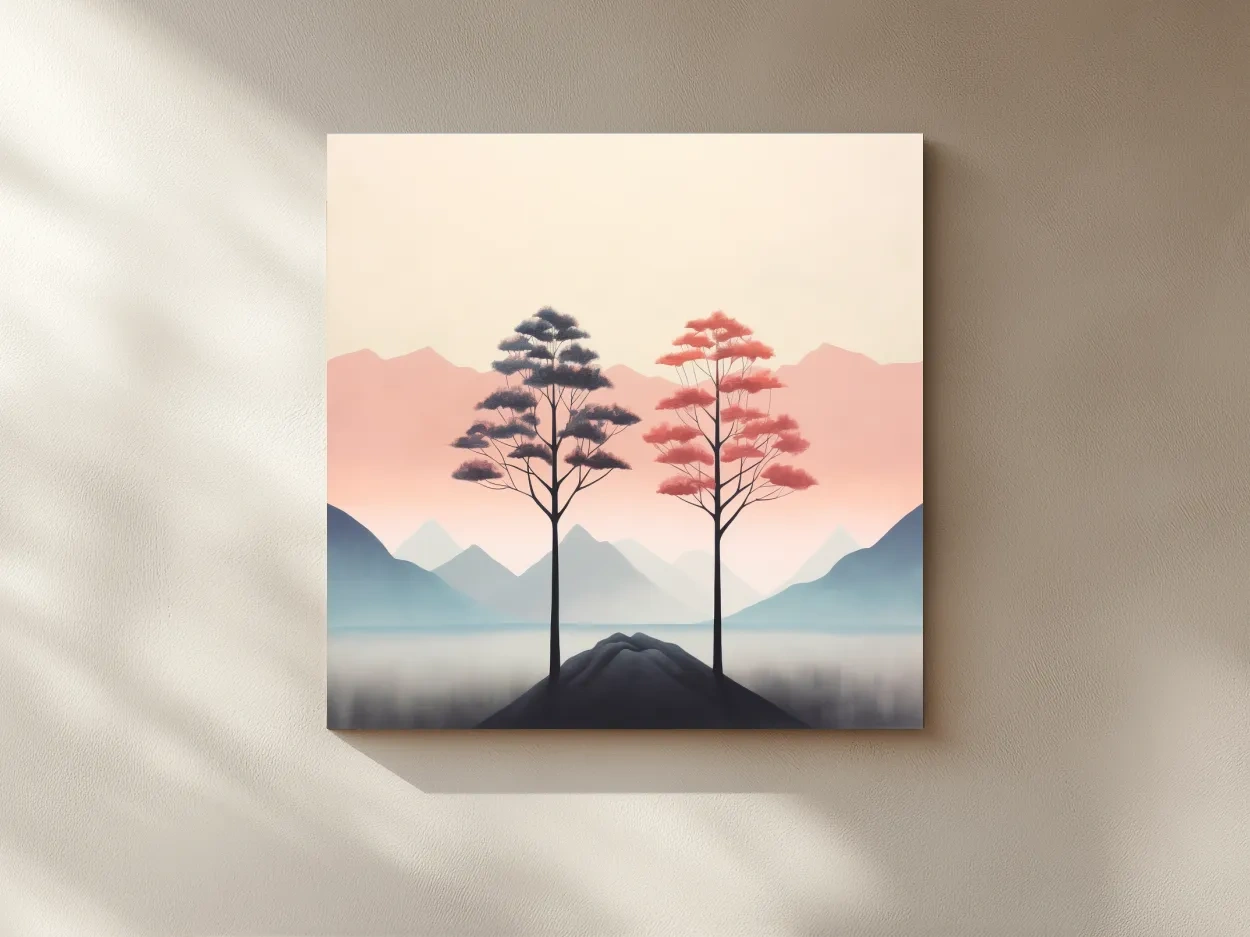 Minimalist Twin Pine Trees Landscape - Serene Pastel Mountain Lake Wall Art