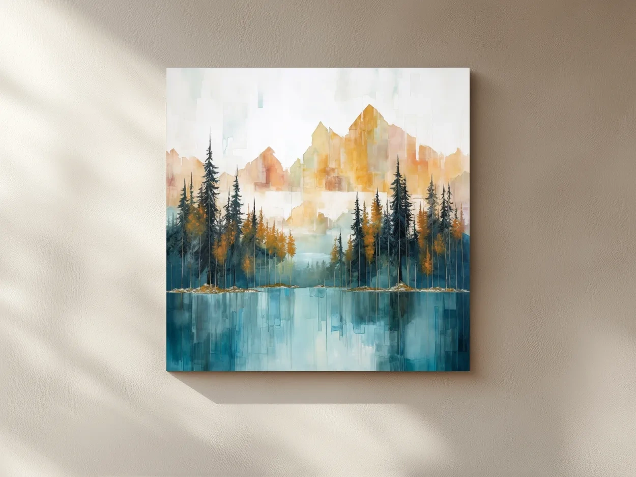 Abstract Watercolor Alpine Lake Reflection - Misty Mountain Forest Wall Art