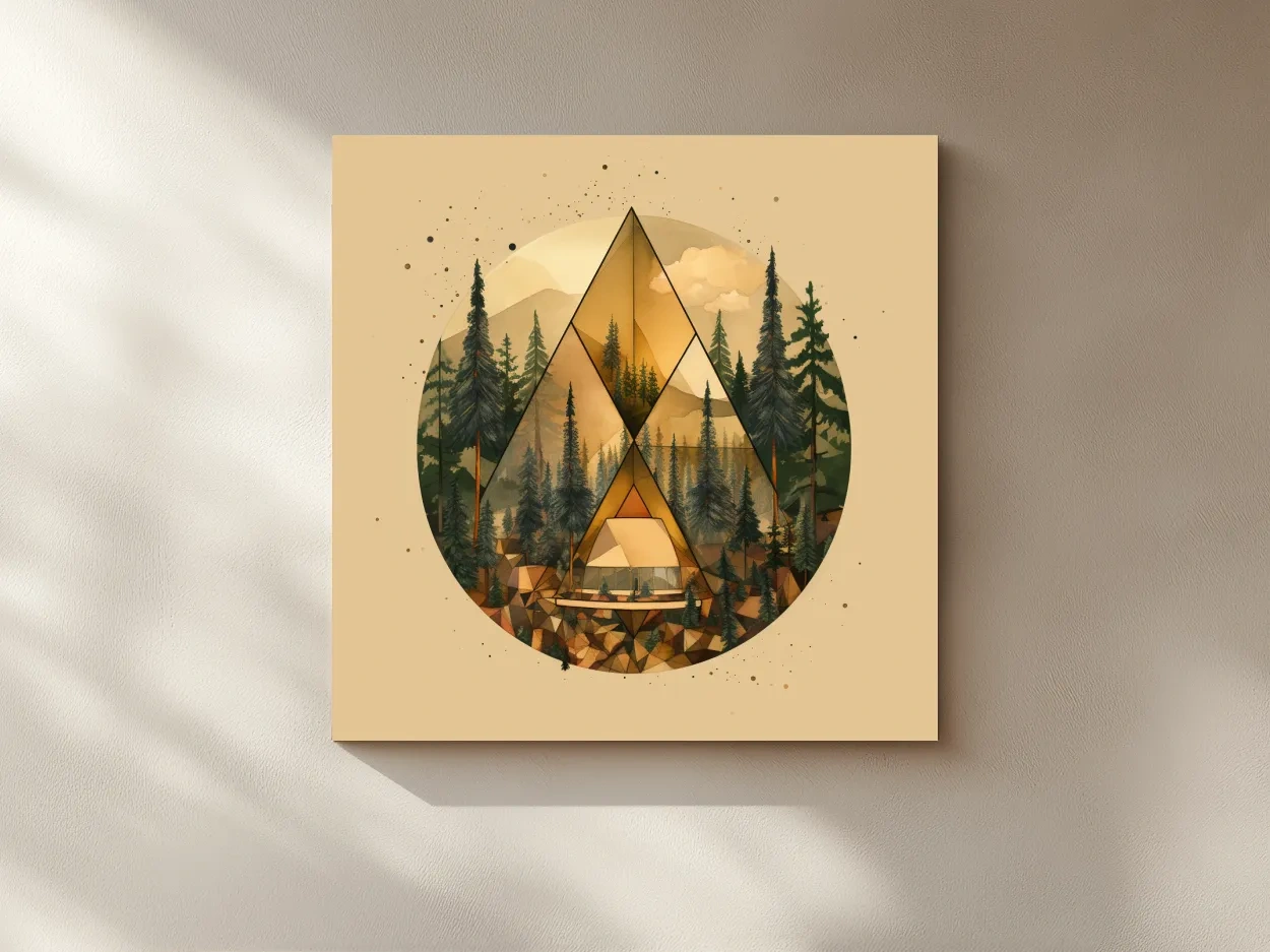 Geometric Mountain Cabin Forest Landscape - Modern Abstract Nature Wall Art