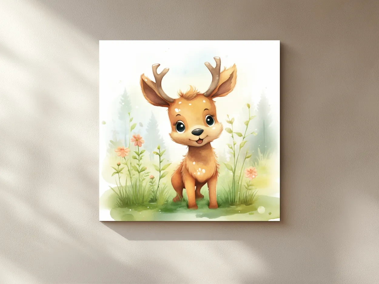 Cute Watercolor Baby Deer Illustration - Woodland Nursery Animal Wall Art