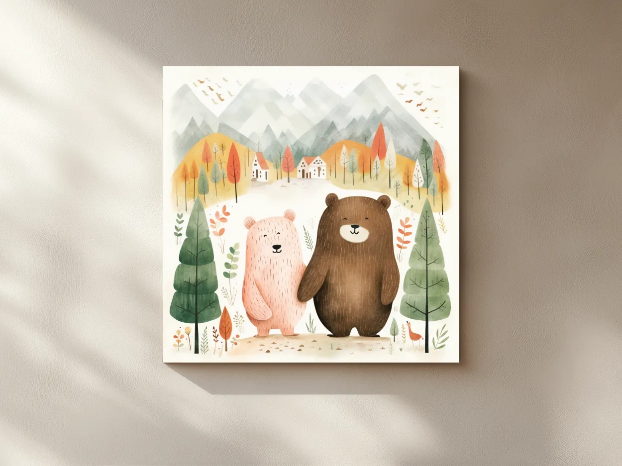 Cute Bear Couple Watercolor Illustration - Whimsical Mountain Forest Nursery Wall Art