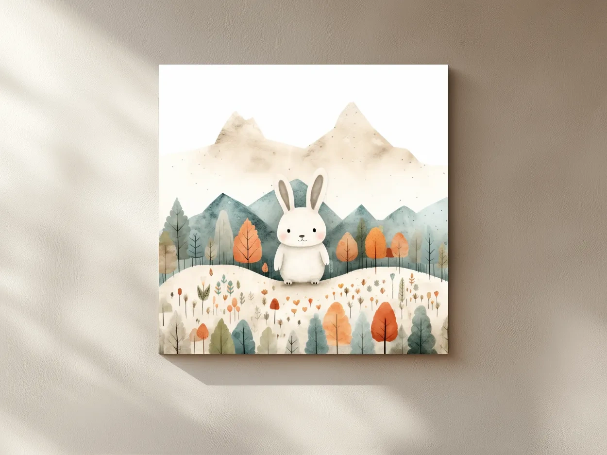 Cute Watercolor Bunny In Mountain Forest - Whimsical Nursery Woodland Wall Art