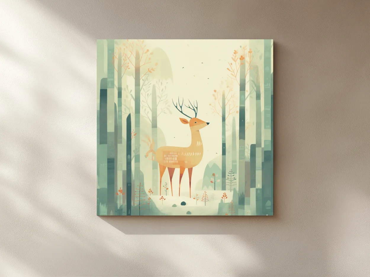 Whimsical Deer In Misty Forest - Minimalist Woodland Nursery Wall Art