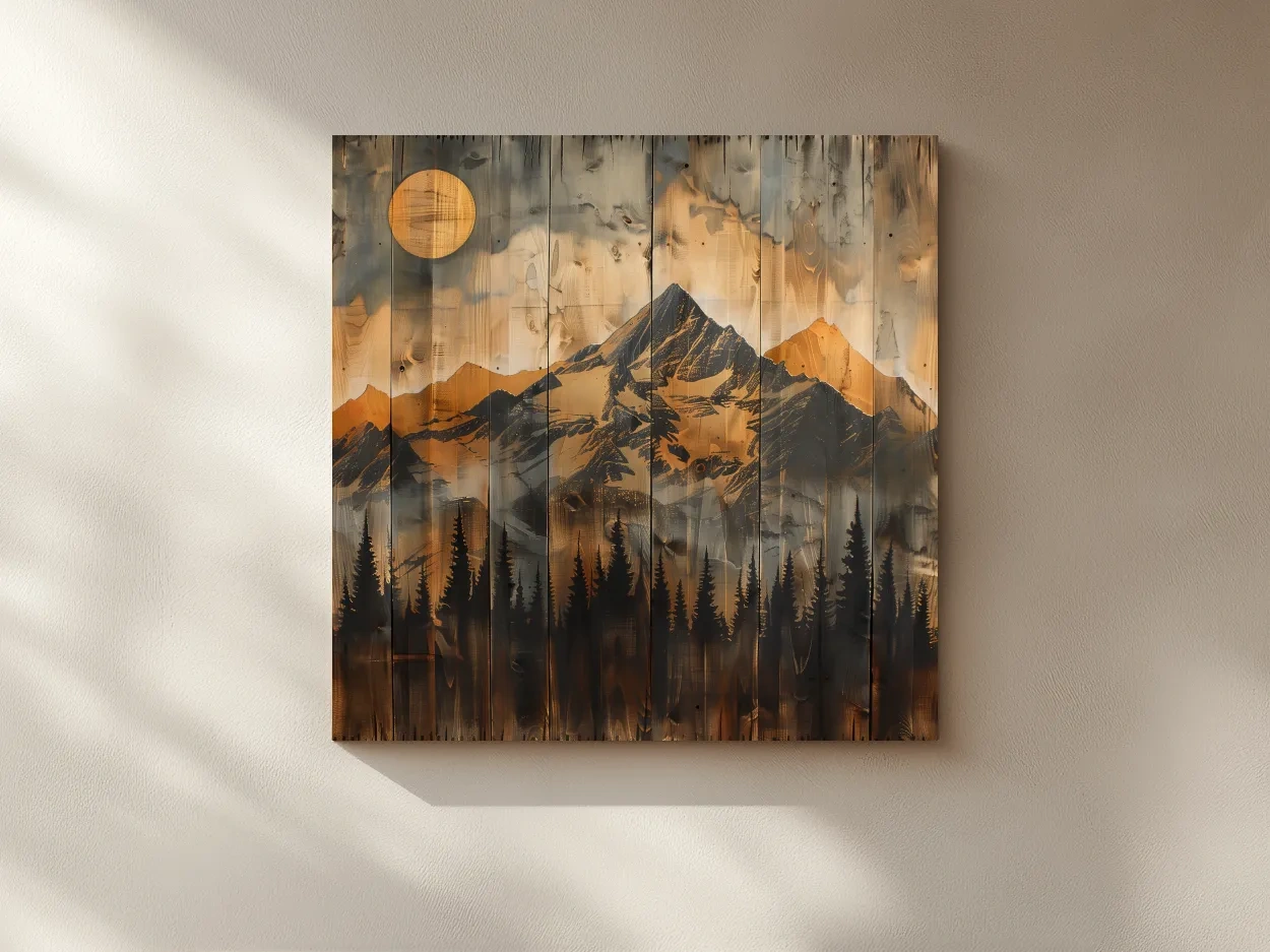 Rustic Woodgrain Mountain Sunset Artwork - Vintage Pine Forest Wall Art