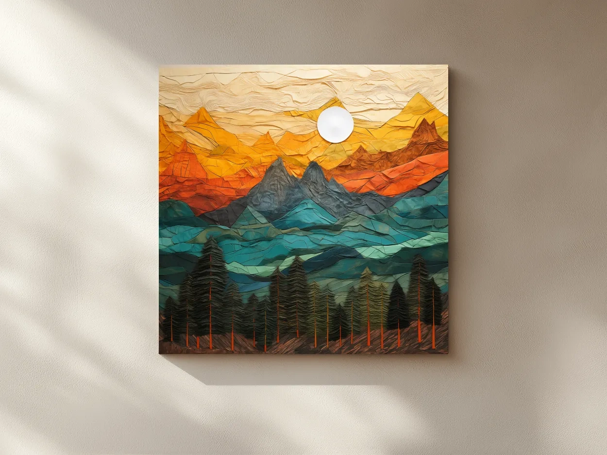 Layered Paper Cut Style Mountain Sunset - Colorful Abstract Forest Landscape Wall Art
