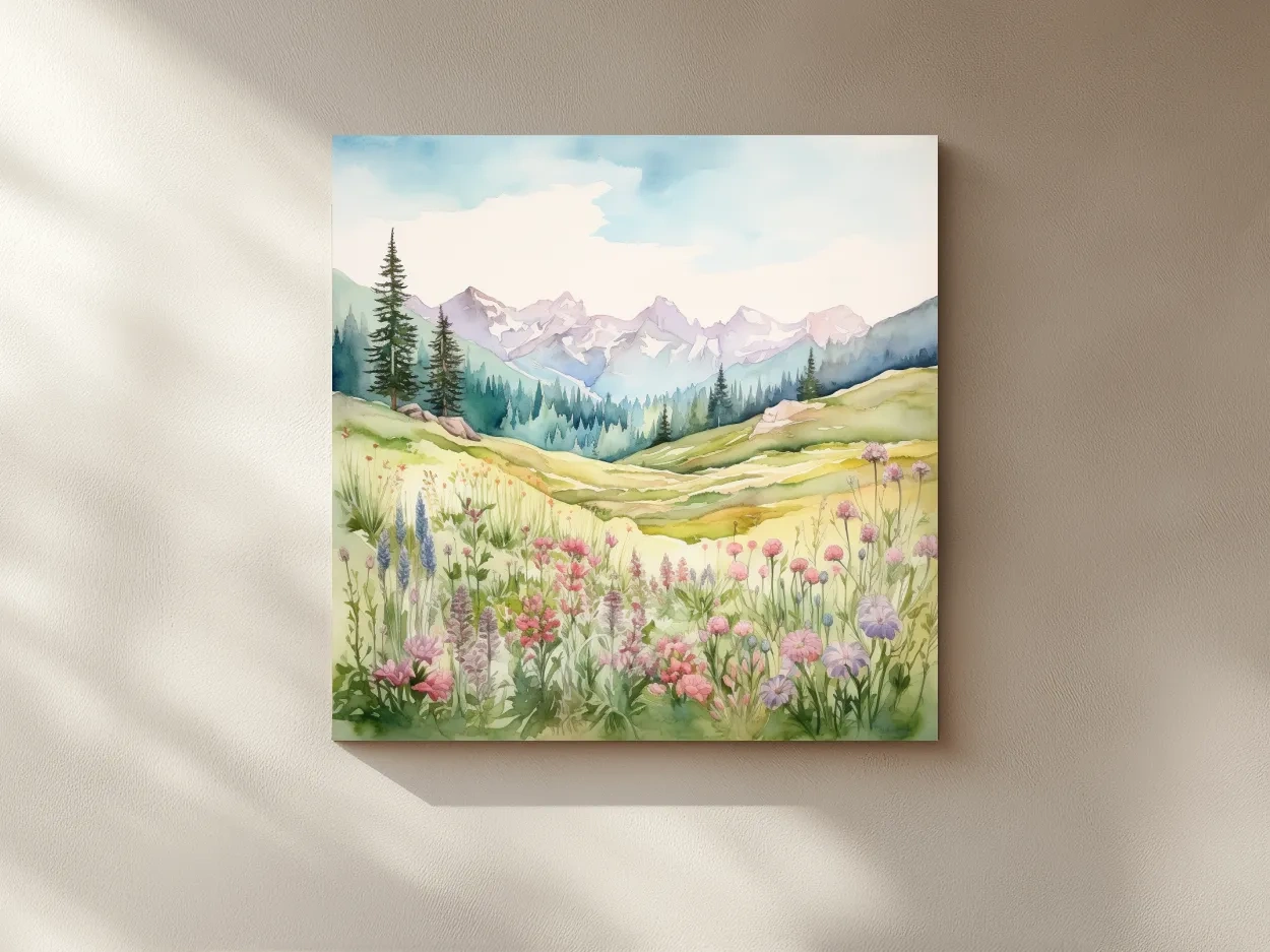Alpine Meadows Wildflower Watercolour - Pastel Mountains Landscape Wall Art