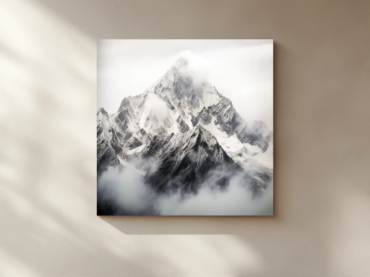 Snowcapped Alpine Peak Photography - Monochrome Mountain Wall Art