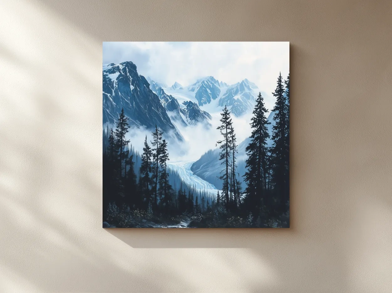 Misty Alpine Glacier Valley Landscape - Moody Mountain Forest Wall Art