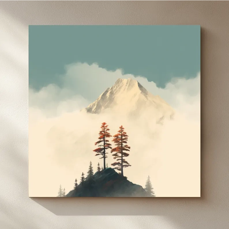 Misty Alpine Peak With Autumn Pines - Minimalist Mountain Artwork